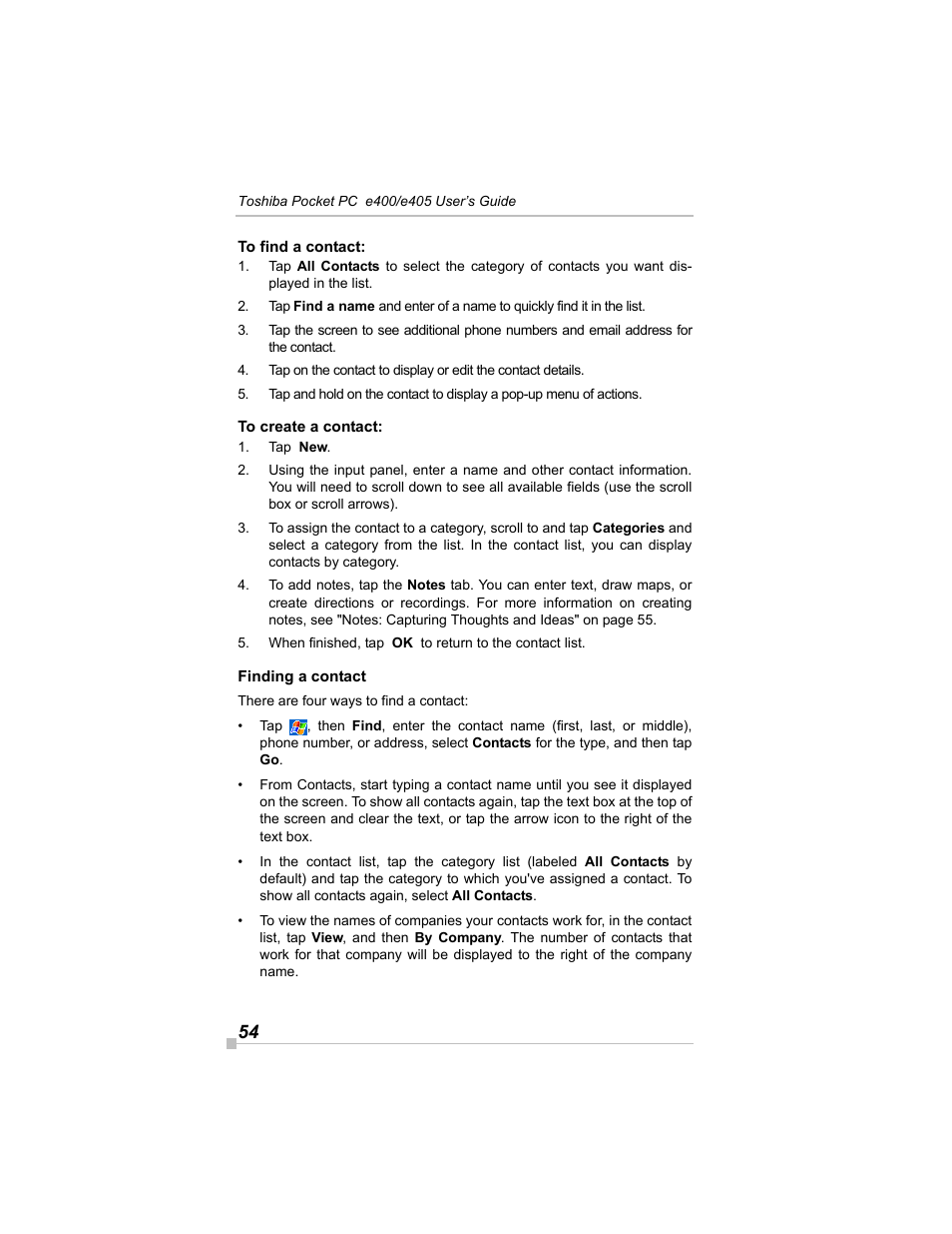 To find a contact, To create a contact, Finding a contact | Toshiba e405 User Manual | Page 54 / 118