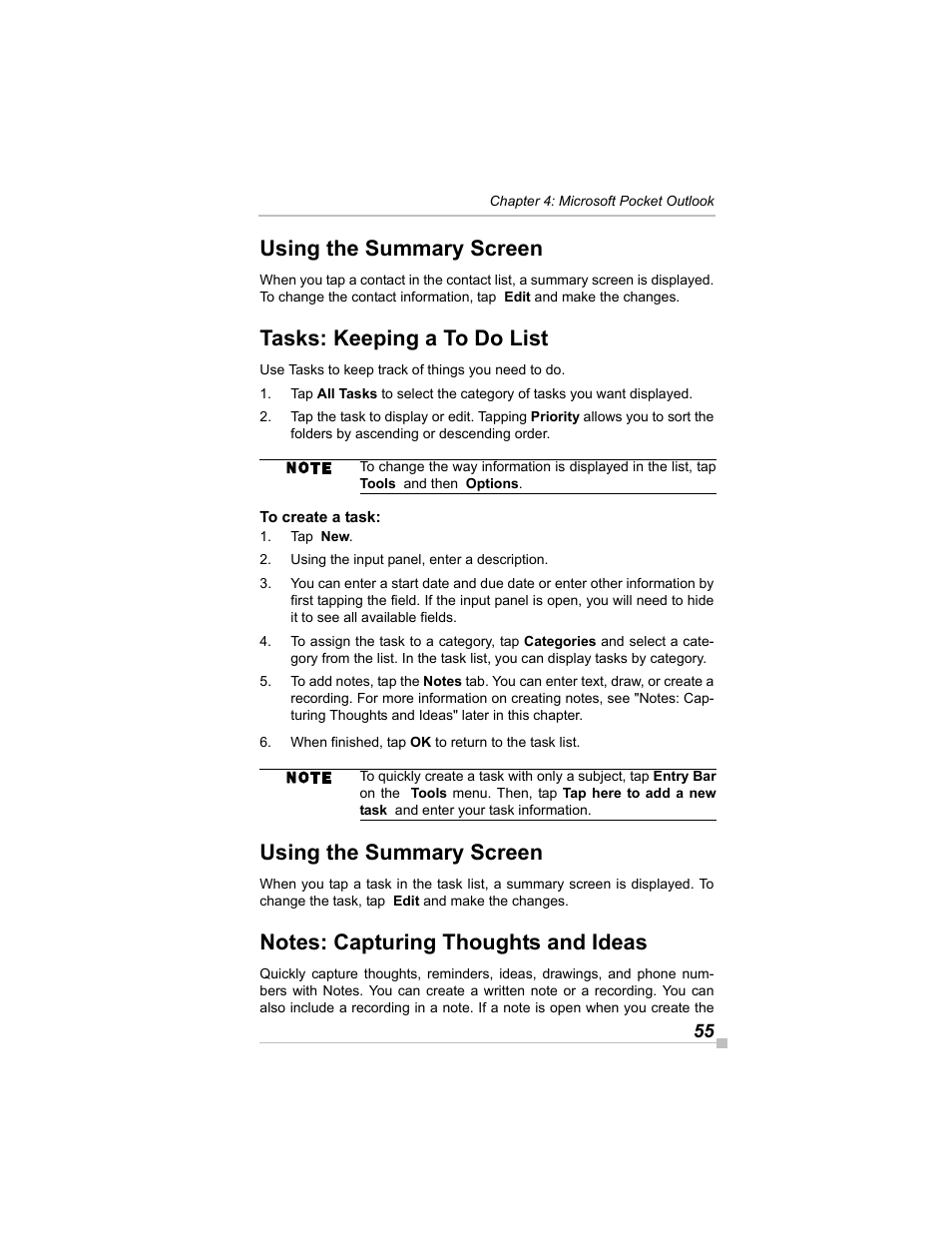 Using the summary screen, Tasks: keeping a to do list, To create a task | Notes: capturing thoughts and ideas | Toshiba e405 User Manual | Page 55 / 118