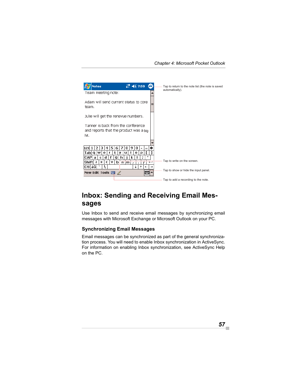 Inbox: sending and receiving email messages, Synchronizing email messages, Inbox: sending and receiving email mes- sages | Toshiba e405 User Manual | Page 57 / 118
