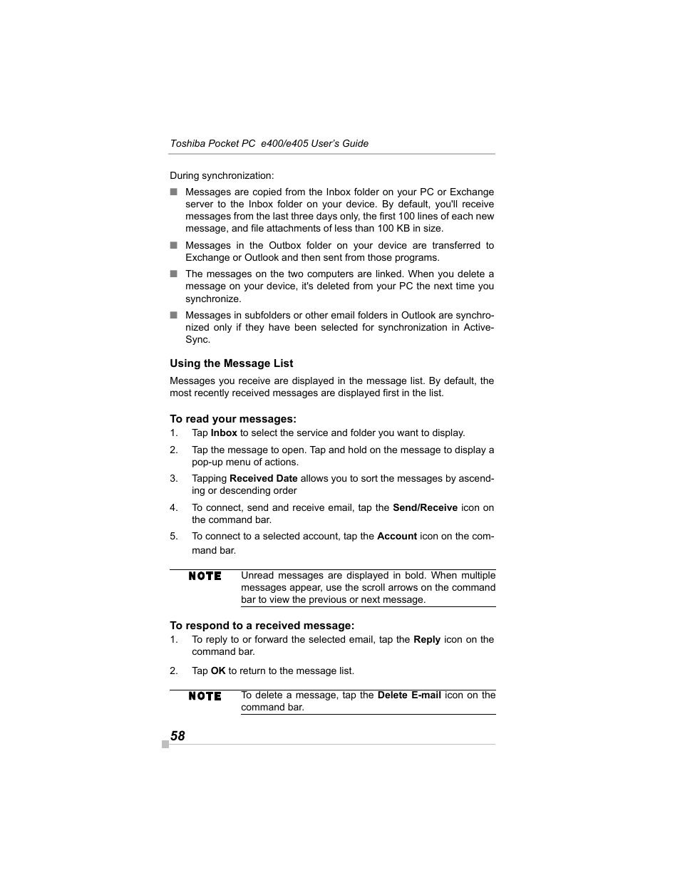 Using the message list, To read your messages, To respond to a received message | Toshiba e405 User Manual | Page 58 / 118