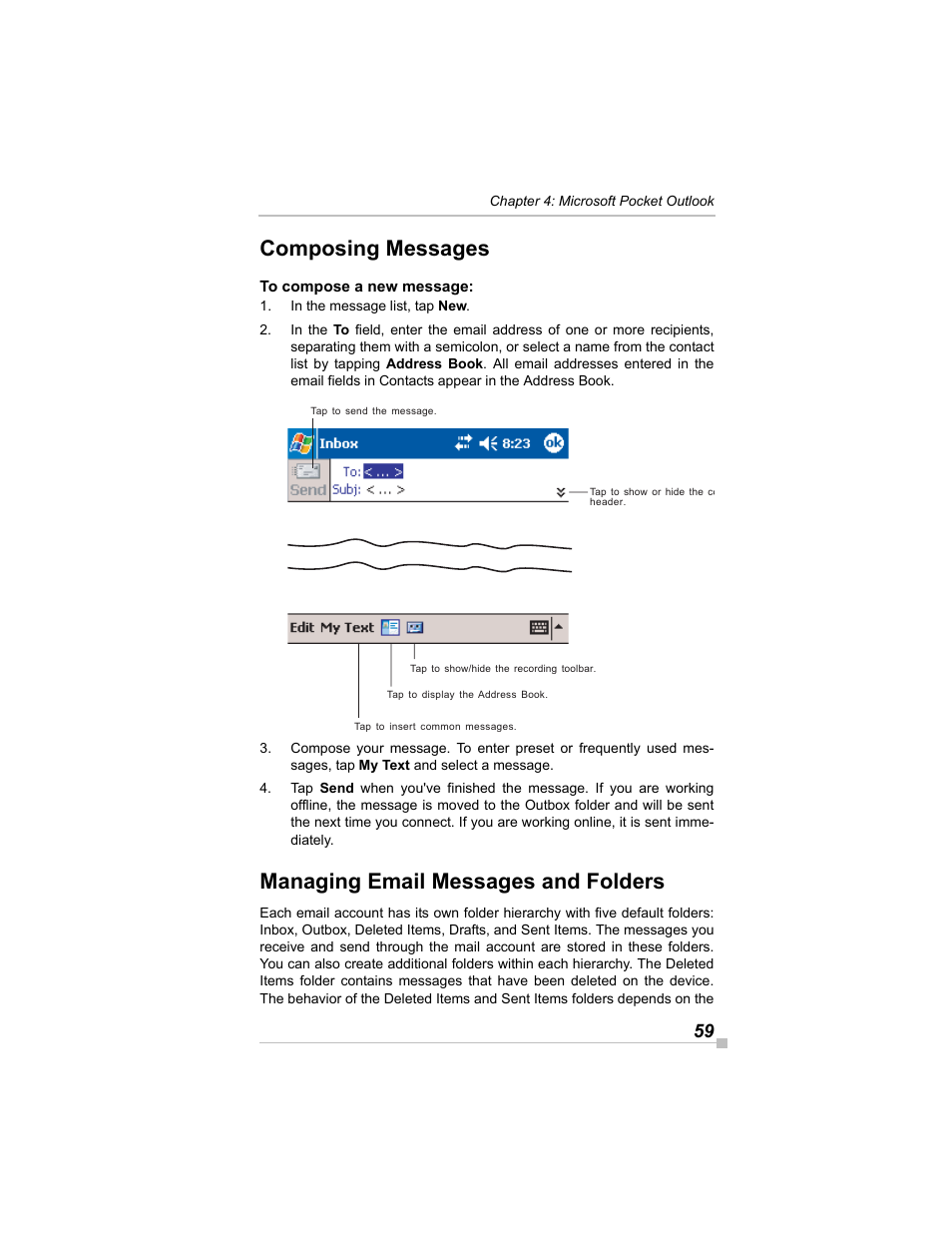 Composing messages, To compose a new message, Managing email messages and folders | Toshiba e405 User Manual | Page 59 / 118
