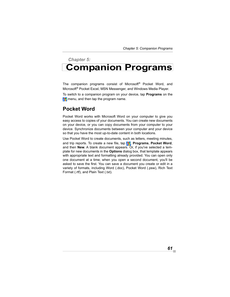 Chapter 5: companion programs, Pocket word, Companion programs | Toshiba e405 User Manual | Page 61 / 118