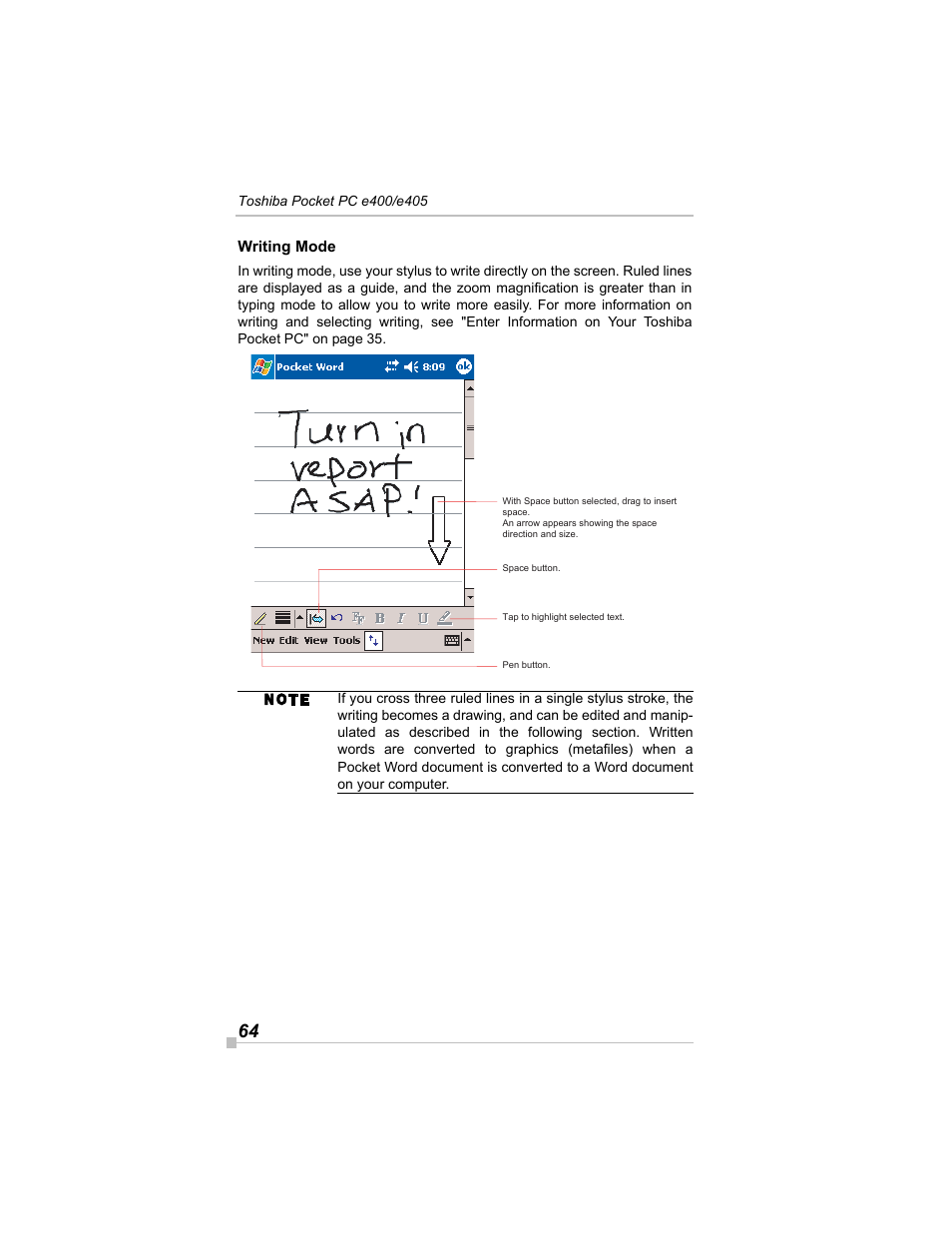 Writing mode | Toshiba e405 User Manual | Page 64 / 118