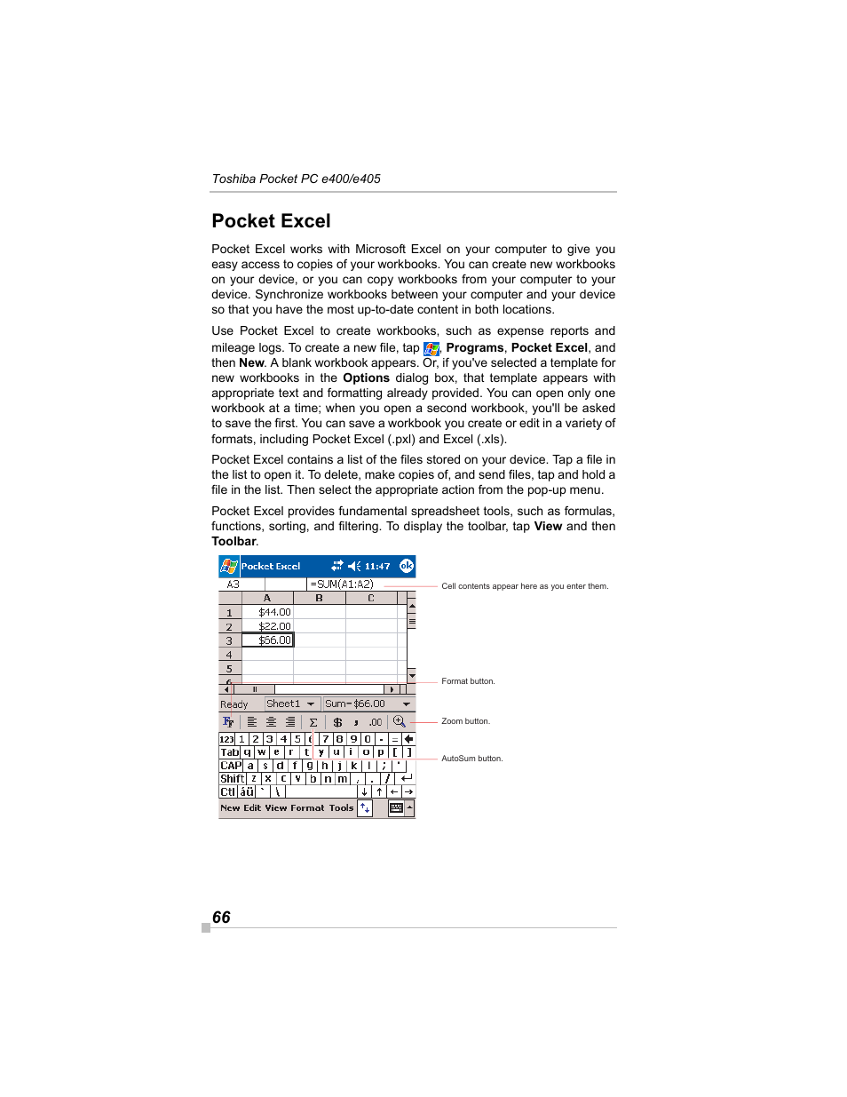 Pocket excel | Toshiba e405 User Manual | Page 66 / 118