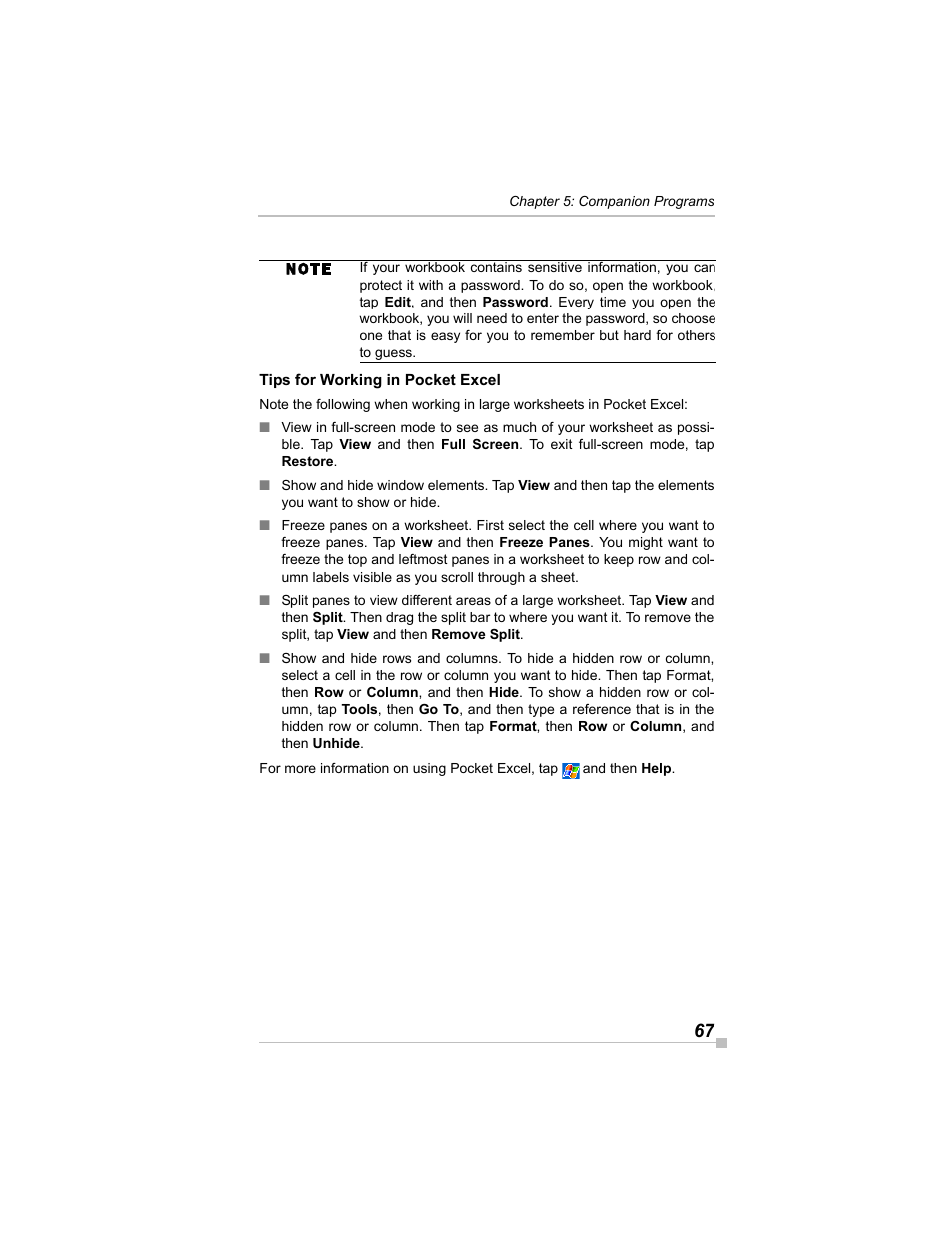 Tips for working in pocket excel | Toshiba e405 User Manual | Page 67 / 118