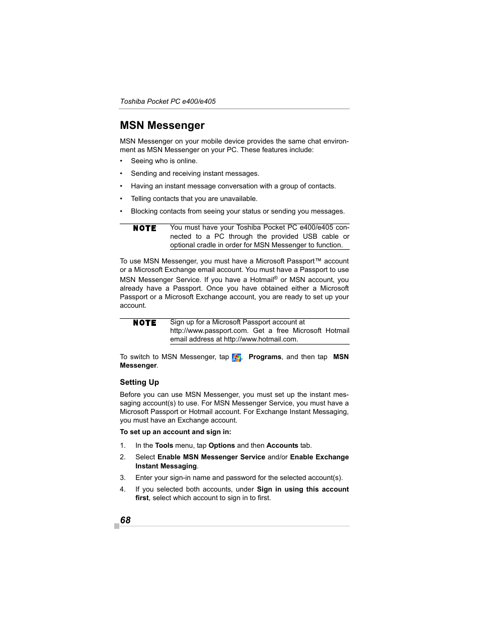 Msn messenger, Setting up | Toshiba e405 User Manual | Page 68 / 118