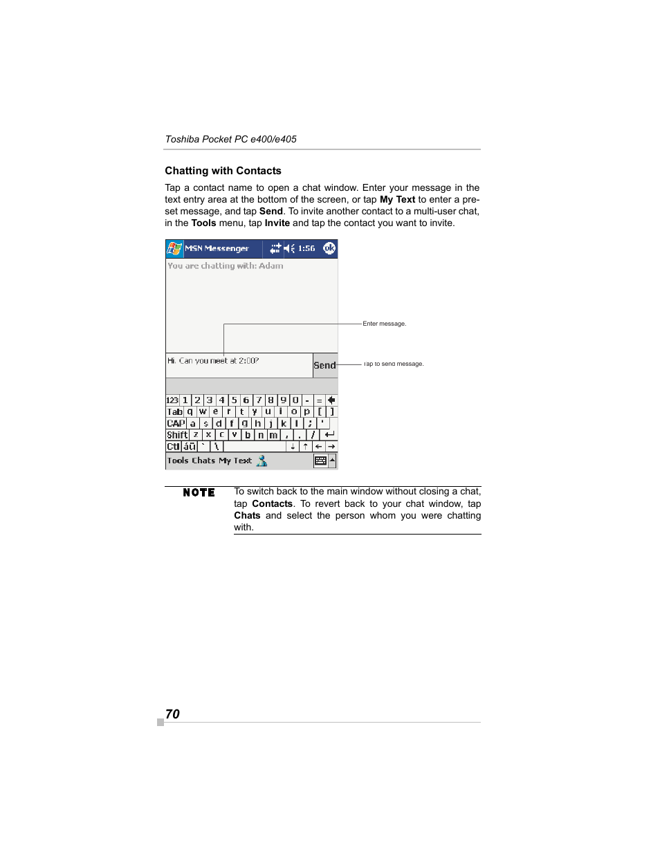 Chatting with contacts | Toshiba e405 User Manual | Page 70 / 118