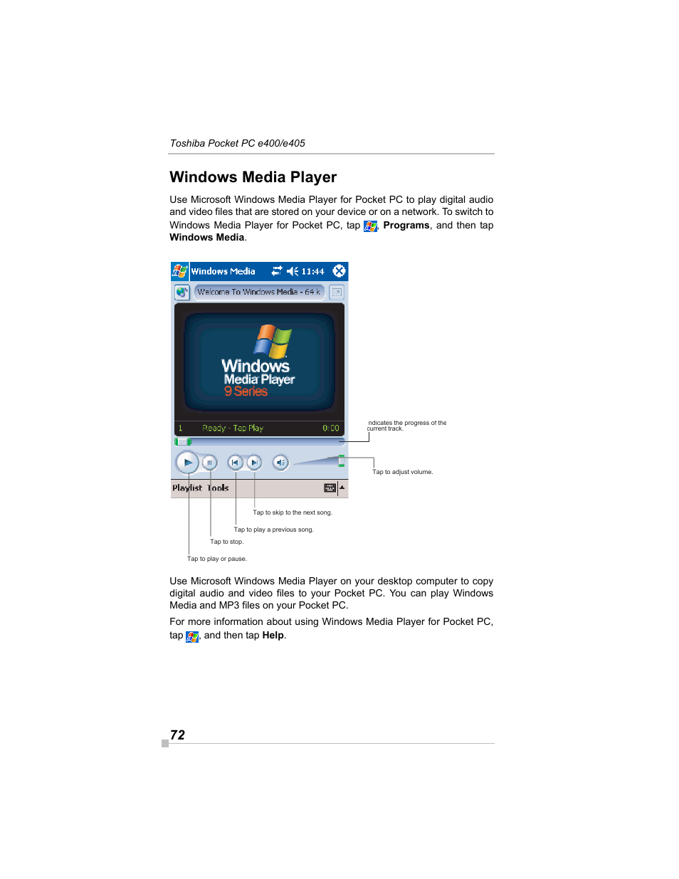 Windows media player | Toshiba e405 User Manual | Page 72 / 118