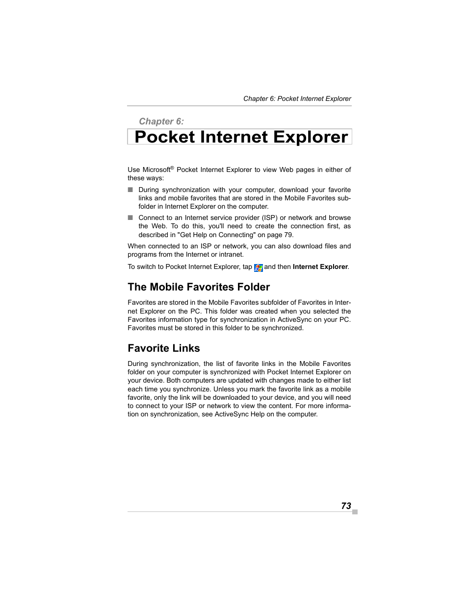 Chapter 6: pocket internet explorer, The mobile favorites folder, Favorite links | Pocket internet explorer | Toshiba e405 User Manual | Page 73 / 118