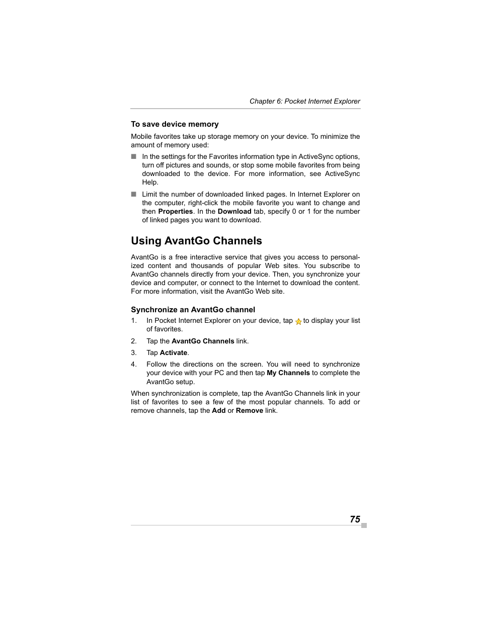 To save device memory, Using avantgo channels, Synchronize an avantgo channel | Toshiba e405 User Manual | Page 75 / 118