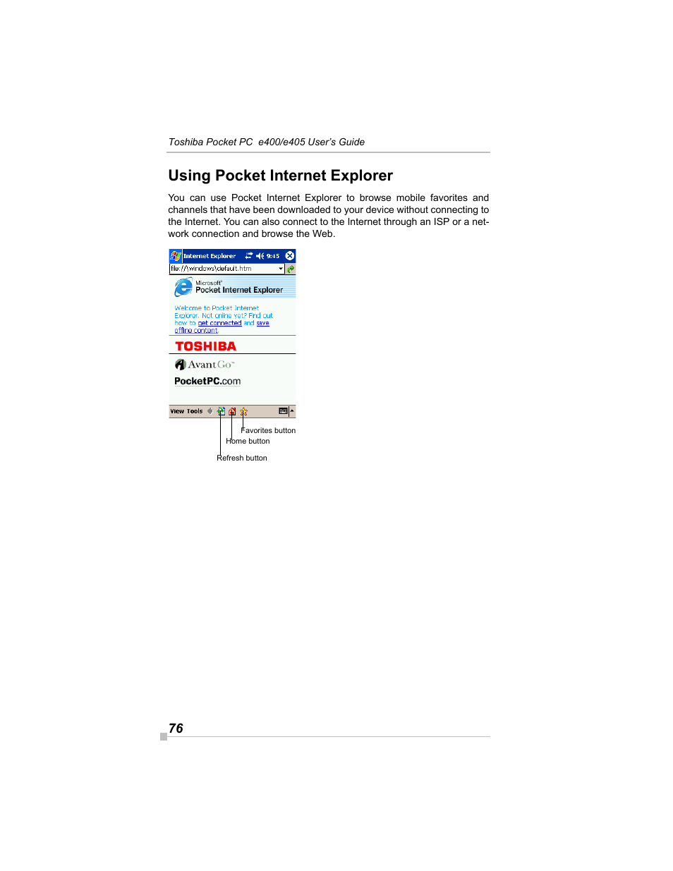 Using pocket internet explorer | Toshiba e405 User Manual | Page 76 / 118