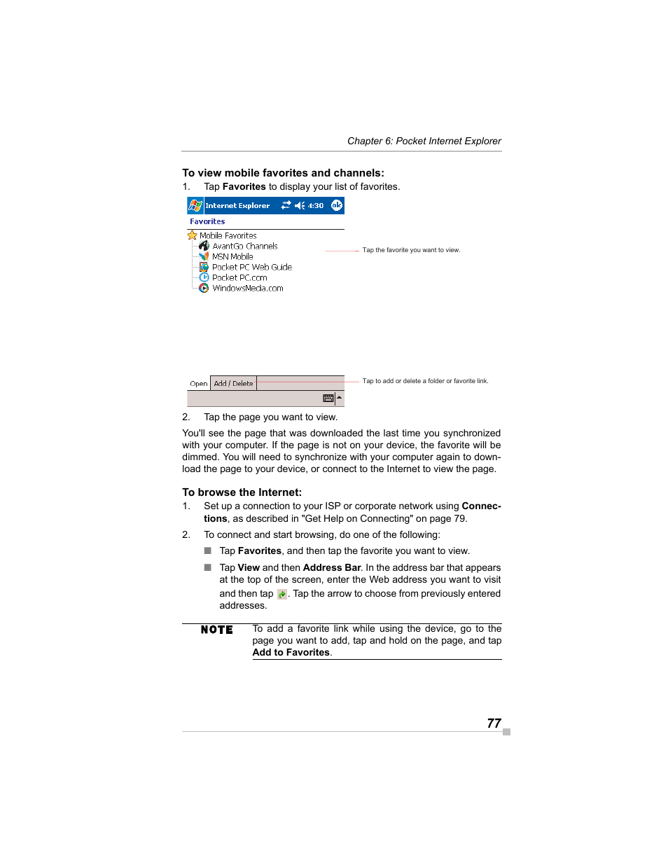 To view mobile favorites and channels, To browse the internet | Toshiba e405 User Manual | Page 77 / 118