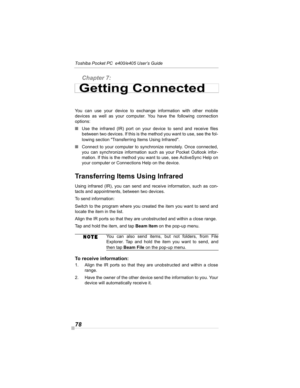 Chapter 7: getting connected, Transferring items using infrared, To receive information | Getting connected | Toshiba e405 User Manual | Page 78 / 118