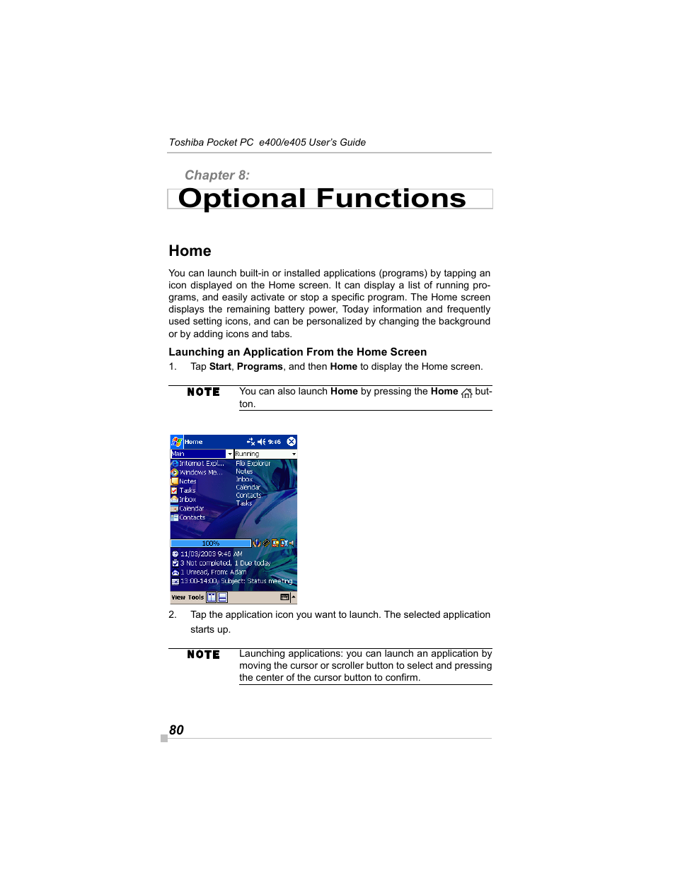 Chapter 8: optional functions, Home, Launching an application from the home screen | Optional functions | Toshiba e405 User Manual | Page 80 / 118