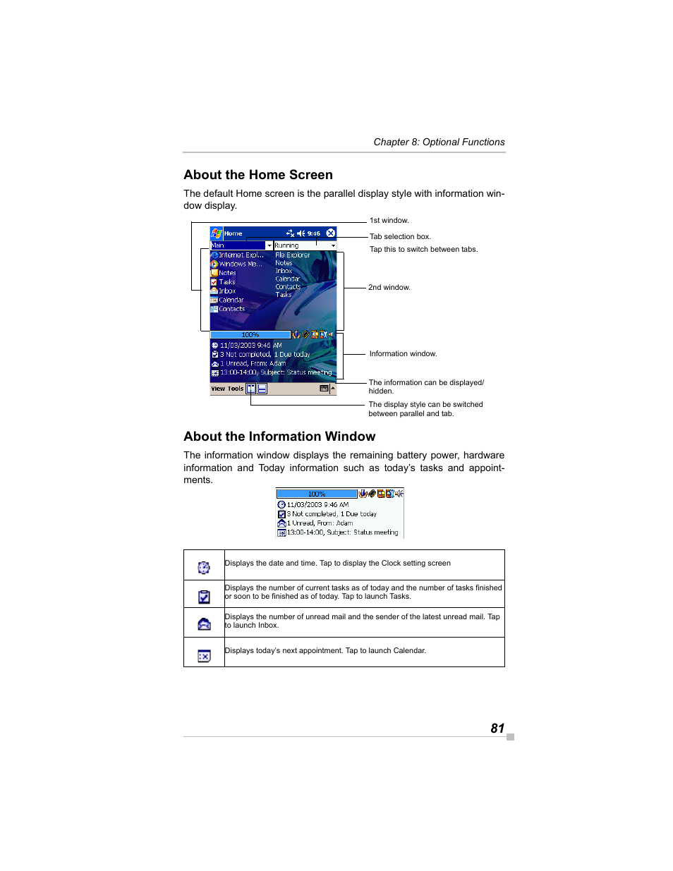 About the home screen, About the information window, 81 about the home screen | Toshiba e405 User Manual | Page 81 / 118