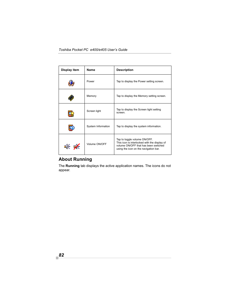 About running, 82 about running | Toshiba e405 User Manual | Page 82 / 118