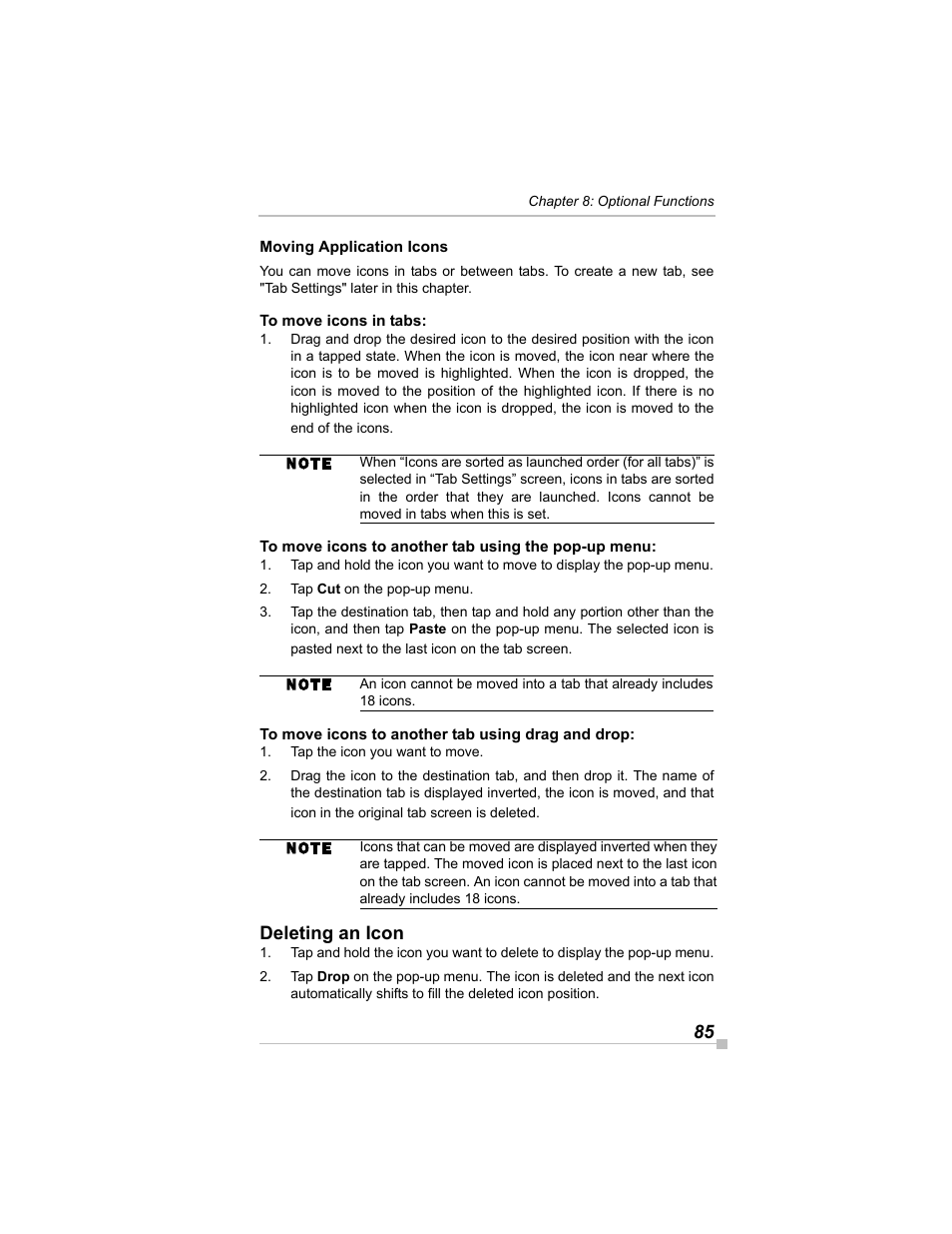 Moving application icons, To move icons in tabs, To move icons to another tab using the pop-up menu | To move icons to another tab using drag and drop, Deleting an icon | Toshiba e405 User Manual | Page 85 / 118