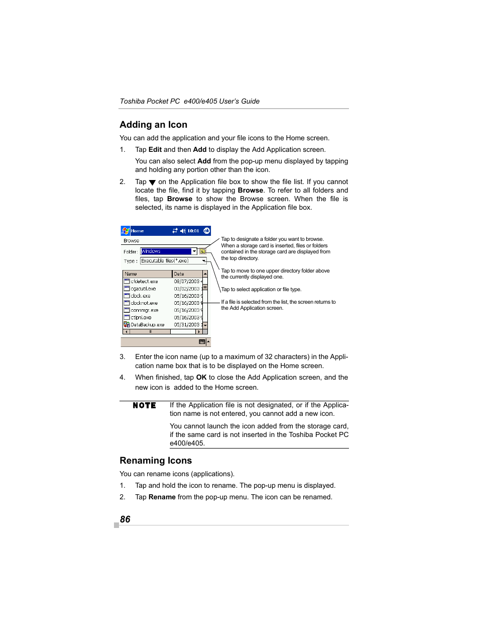 Adding an icon, Renaming icons, 86 adding an icon | Toshiba e405 User Manual | Page 86 / 118