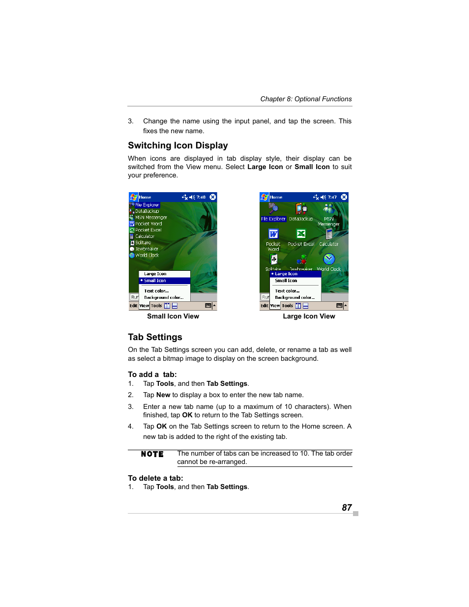 Switching icon display, Tab settings, To add a tab | To delete a tab | Toshiba e405 User Manual | Page 87 / 118