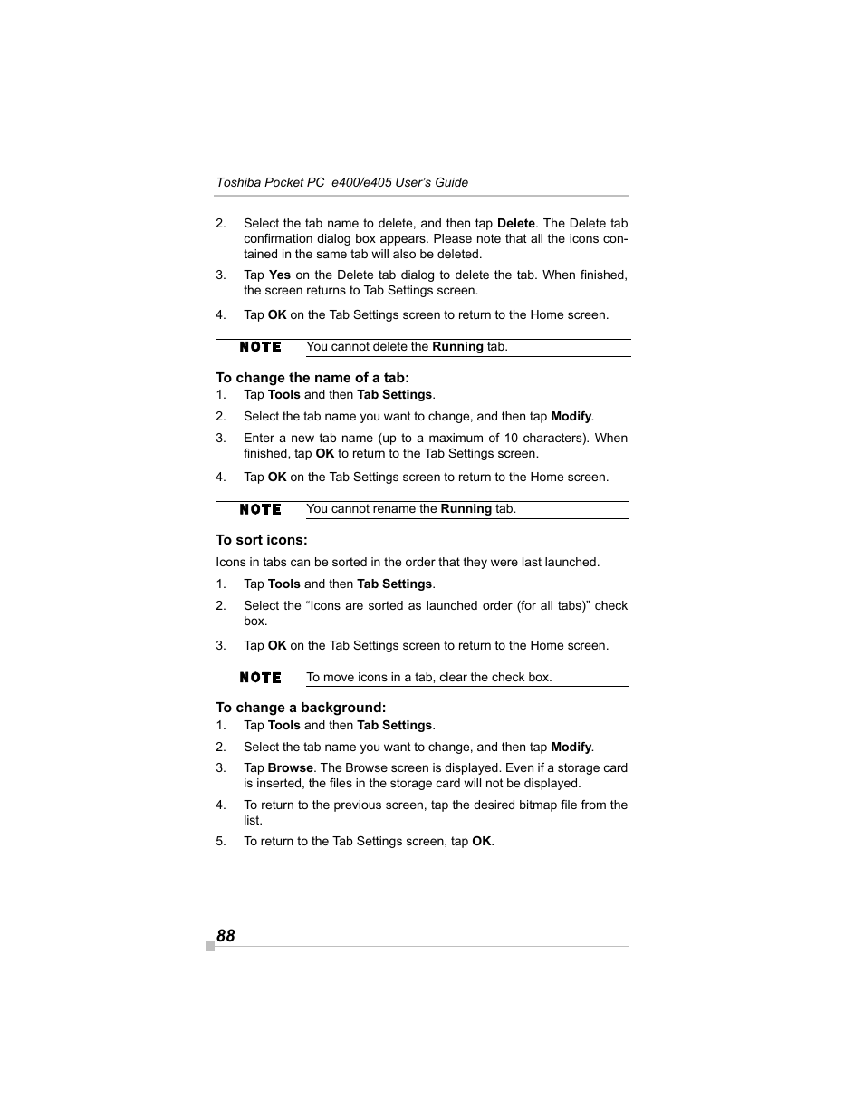 To change the name of a tab, To sort icons, To change a background | Toshiba e405 User Manual | Page 88 / 118