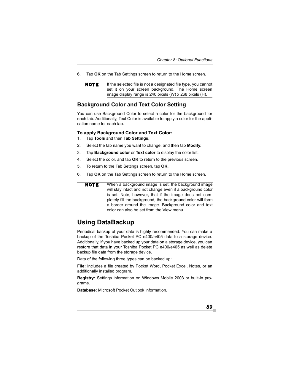 Background color and text color setting, To apply background color and text color, Using databackup | Toshiba e405 User Manual | Page 89 / 118