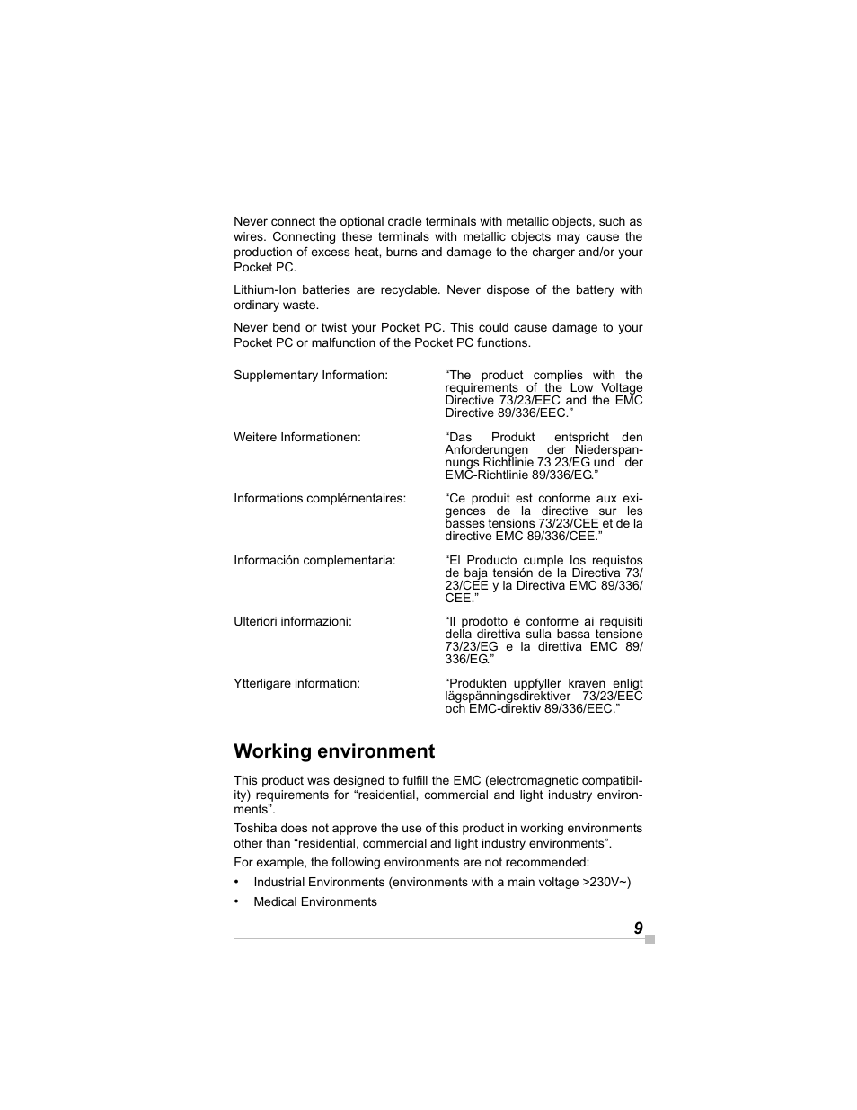 Working environment | Toshiba e405 User Manual | Page 9 / 118