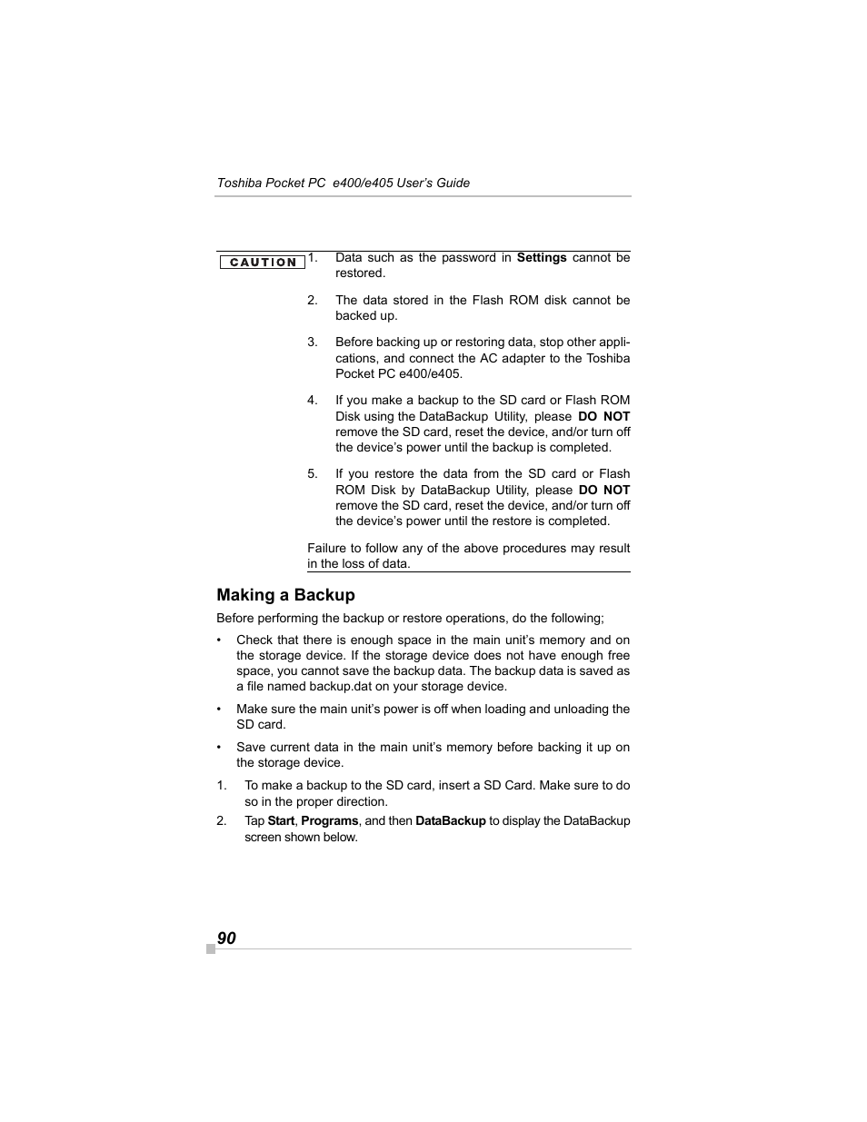 Making a backup, 90 making a backup | Toshiba e405 User Manual | Page 90 / 118