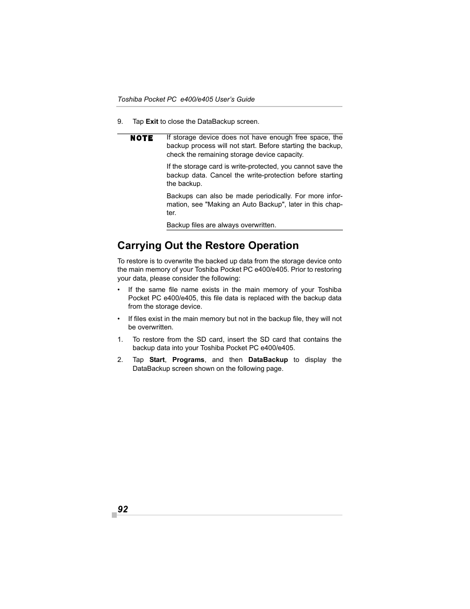 Carrying out the restore operation | Toshiba e405 User Manual | Page 92 / 118