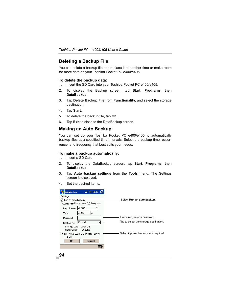 Deleting a backup file, To delete the backup data, Making an auto backup | To make a backup automatically, 94 deleting a backup file | Toshiba e405 User Manual | Page 94 / 118
