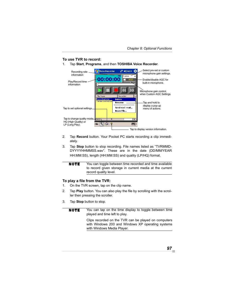 To use tvr to record, To play a file from the tvr | Toshiba e405 User Manual | Page 97 / 118