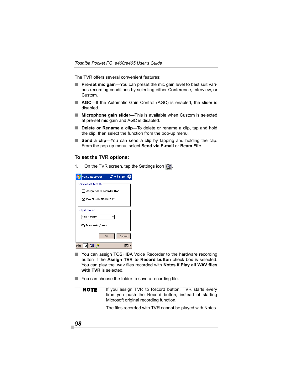 To set the tvr options | Toshiba e405 User Manual | Page 98 / 118