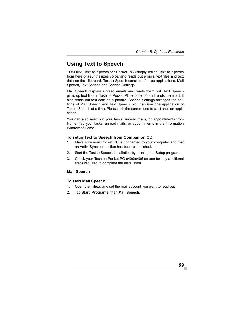 Using text to speech, To setup text to speech from companion cd, Mail speech | To start mail speech | Toshiba e405 User Manual | Page 99 / 118