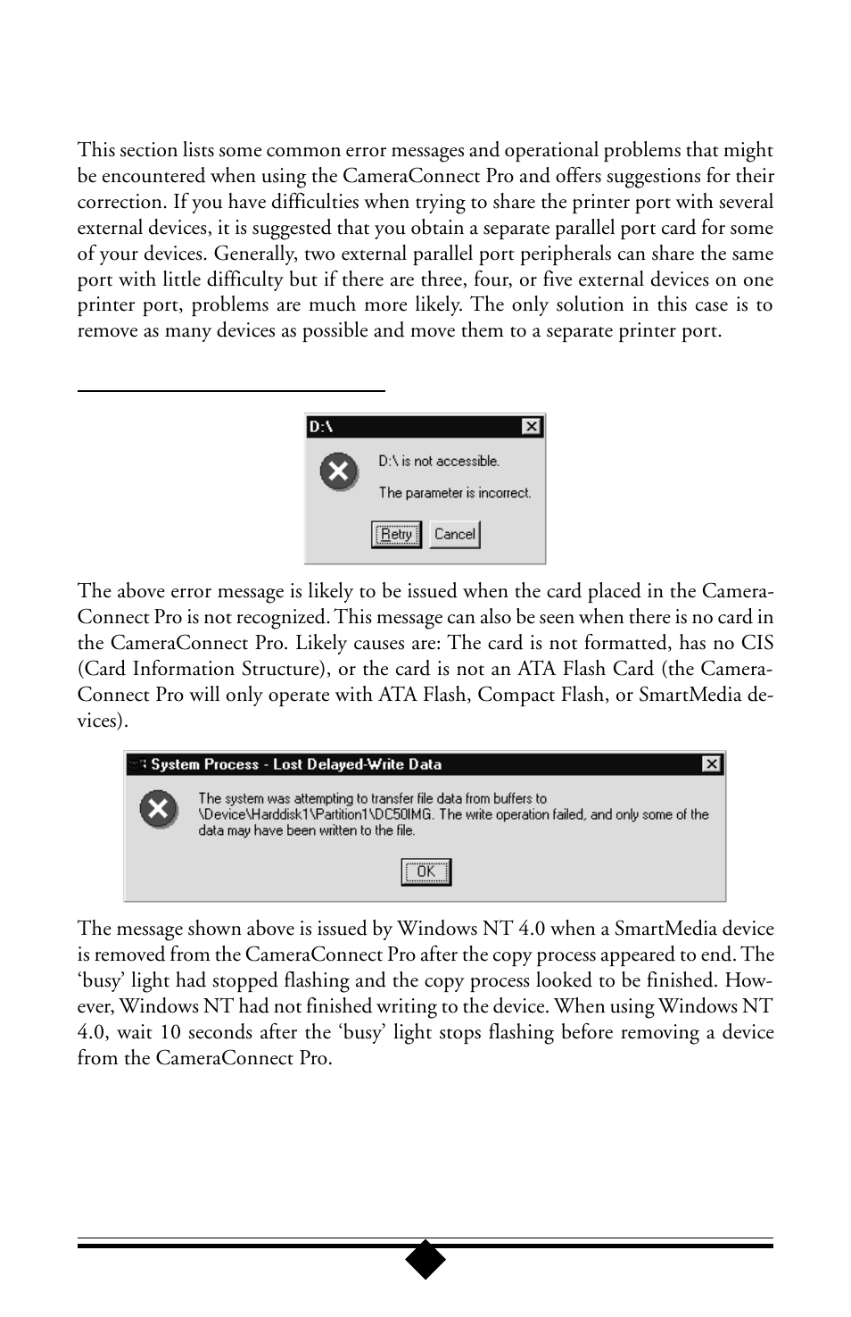 Error messages and troubleshooting | Toshiba Parallel Port Flash Card Reader User Manual | Page 22 / 33