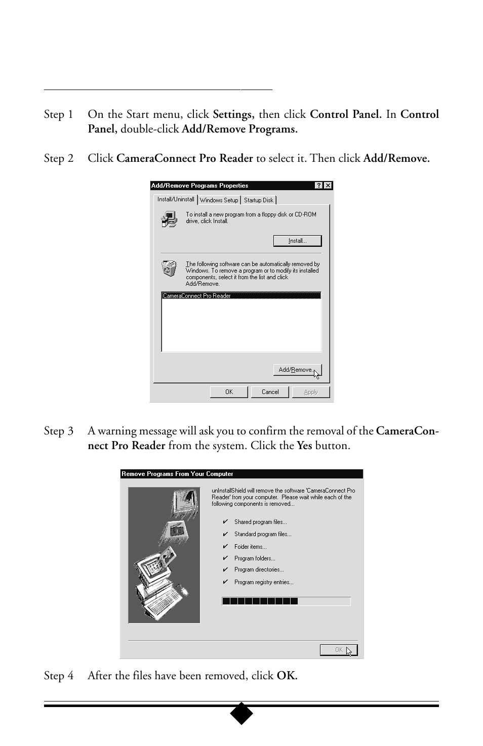 Appendix a: uninstalling the cameraconnect pro, Uninstalling in windows 95 or windows 98 | Toshiba Parallel Port Flash Card Reader User Manual | Page 26 / 33