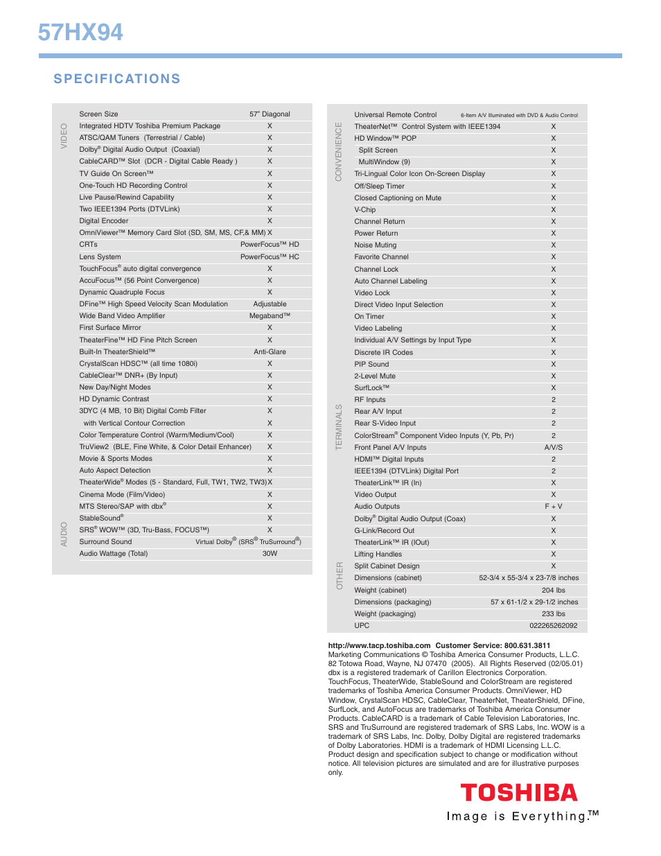 57hx94 | Toshiba 57HX94 User Manual | Page 2 / 2