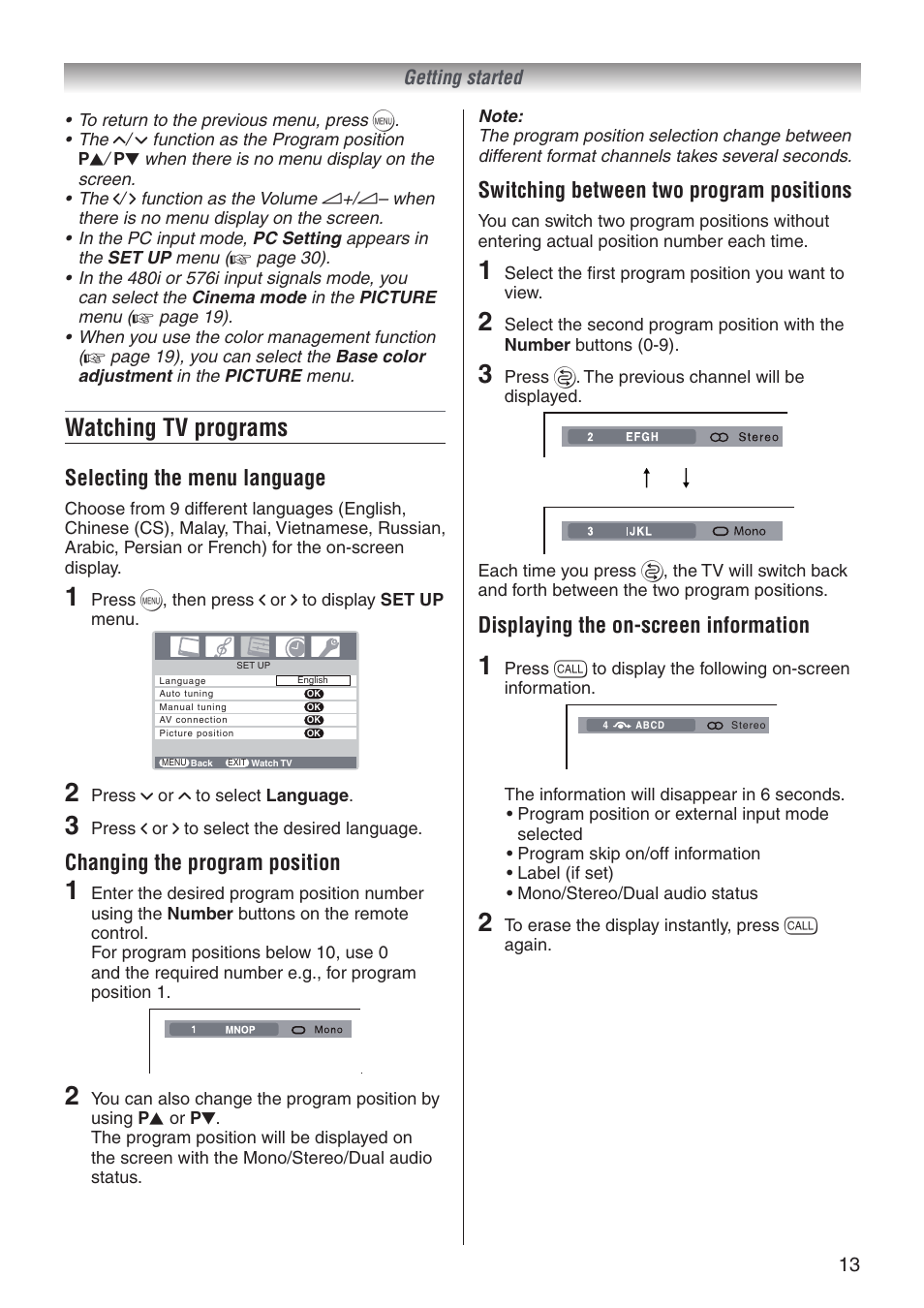 Watching tv programs, Selecting the menu language, Changing the program position | Switching between two program positions, Displaying the on-screen information | Toshiba 32A3500T User Manual | Page 13 / 36