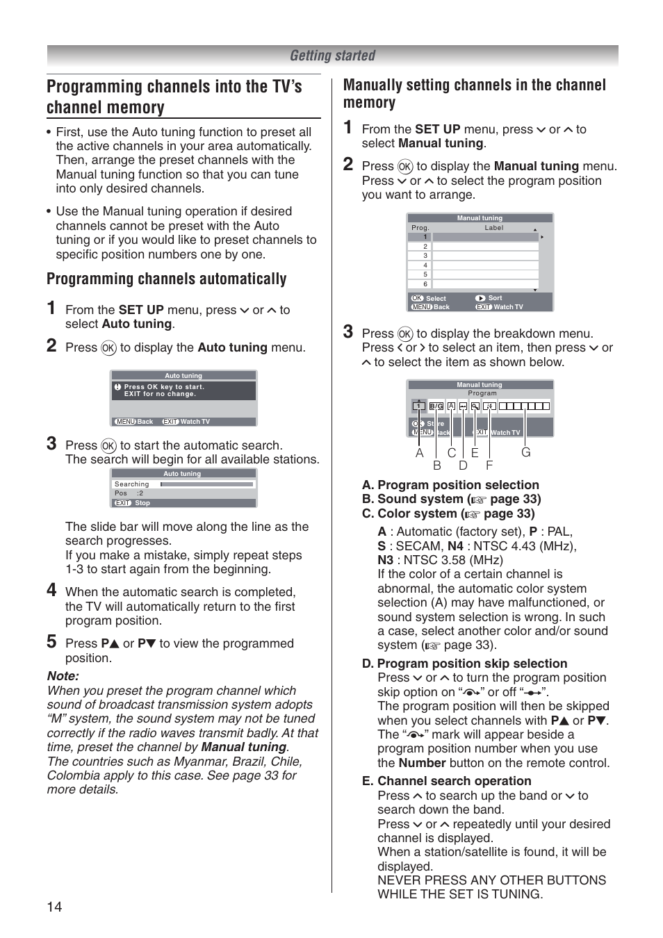 Programming channels automatically, 14 getting started | Toshiba 32A3500T User Manual | Page 14 / 36