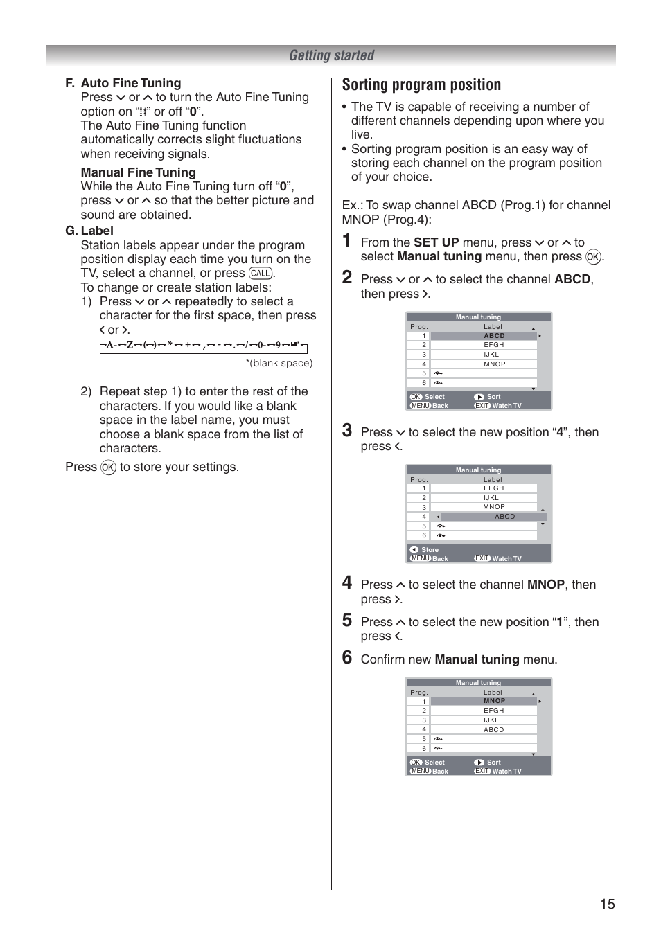 Sorting program position, Getting started, Press u to select the channel mnop , then press i | Conﬁrm new manual tuning menu | Toshiba 32A3500T User Manual | Page 15 / 36