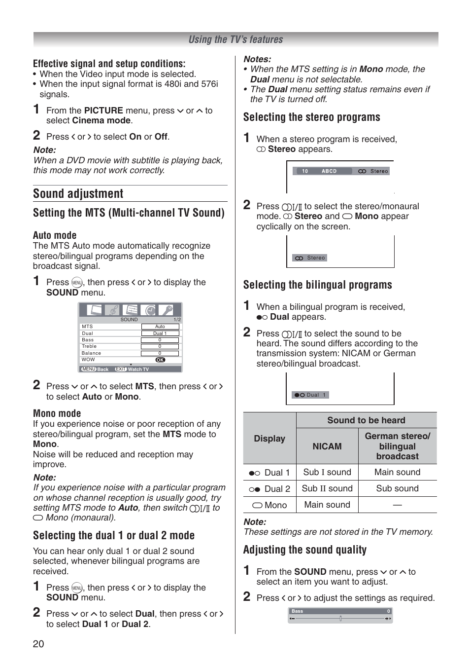 Sound adjustment, Selecting the stereo programs, Selecting the bilingual programs | Adjusting the sound quality, Setting the mts (multi-channel tv sound), Selecting the dual 1 or dual 2 mode | Toshiba 32A3500T User Manual | Page 20 / 36