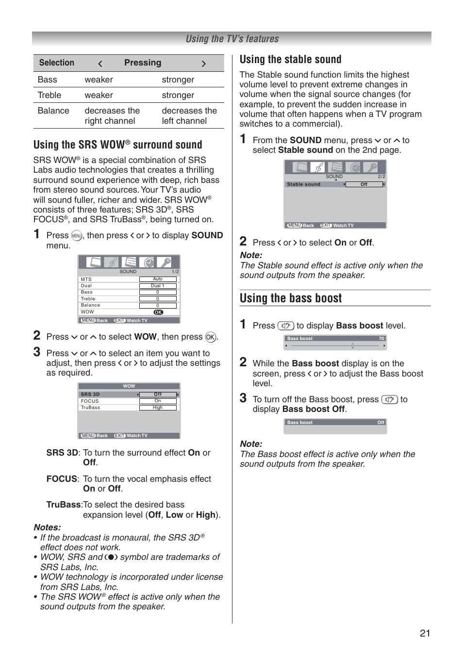 Using the bass boost, Using the srs wow, Surround sound | Using the stable sound, 21 using the tv’s features | Toshiba 32A3500T User Manual | Page 21 / 36