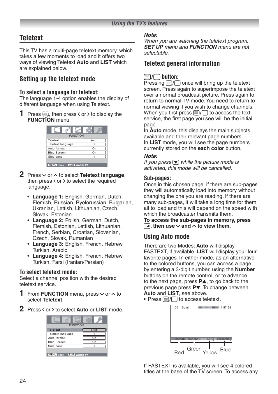 Teletext, Setting up the teletext mode, Teletext general information | Using auto mode, Using the tv’s features, E button, Sub-pages | Toshiba 32A3500T User Manual | Page 24 / 36