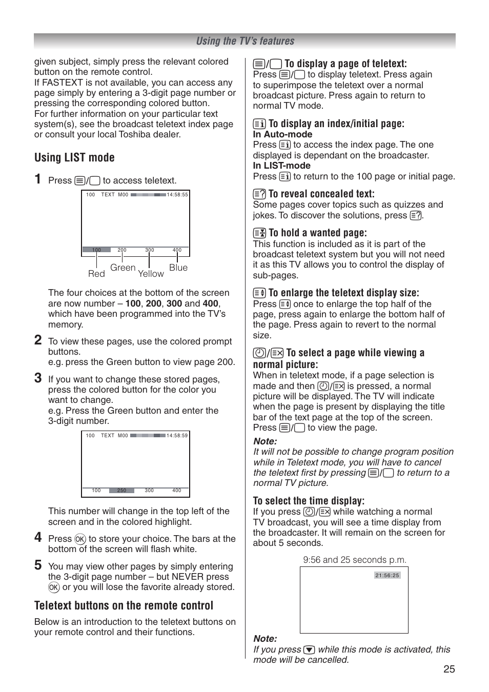 Using list mode, Teletext buttons on the remote control | Toshiba 32A3500T User Manual | Page 25 / 36