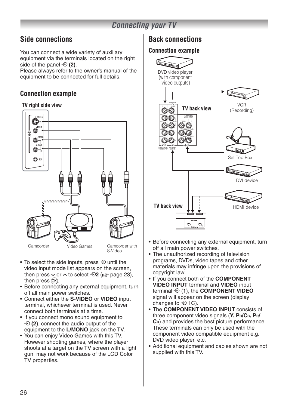 Connecting your tv, Side connections, Back connections | Connection example, Tv right side view, Tv back view, With component video outputs), Dvd video player, Set top box vcr (recording) dvi device hdmi device | Toshiba 32A3500T User Manual | Page 26 / 36