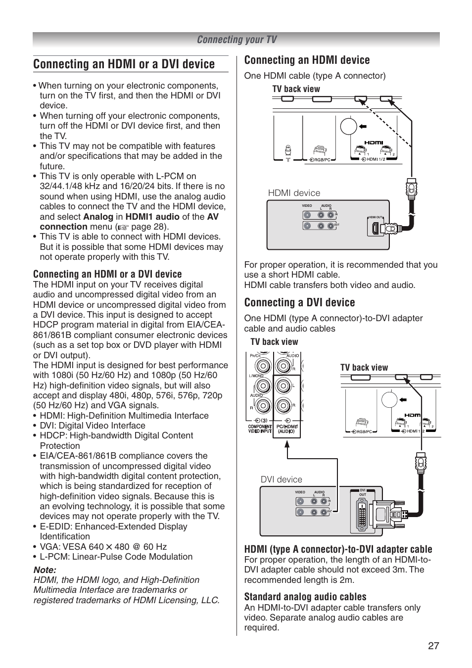 Connecting an hdmi or a dvi device, Connecting an hdmi device, Connecting a dvi device | 27 connecting your tv, Hdmi (type a connector)-to-dvi adapter cable, Standard analog audio cables | Toshiba 32A3500T User Manual | Page 27 / 36