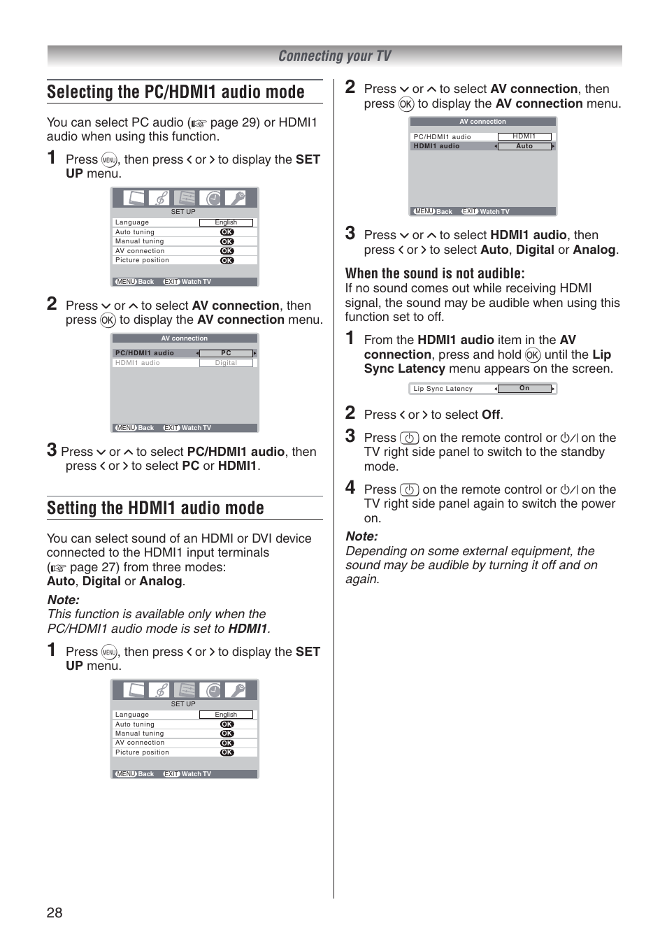 Selecting the pc/hdmi1 audio mode, Setting the hdmi1 audio mode, 28 connecting your tv | When the sound is not audible, Press i or i to select off | Toshiba 32A3500T User Manual | Page 28 / 36