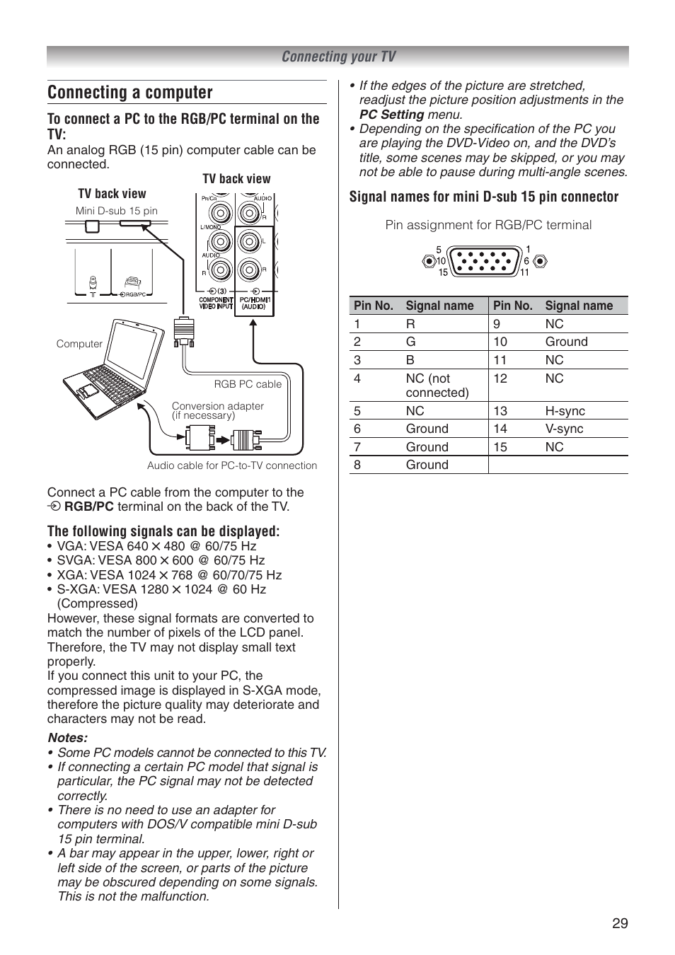 Connecting a computer | Toshiba 32A3500T User Manual | Page 29 / 36