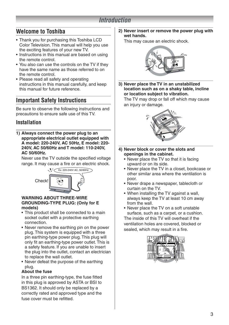 Introduction, Welcome to toshiba, Important safety instructions | Installation | Toshiba 32A3500T User Manual | Page 3 / 36