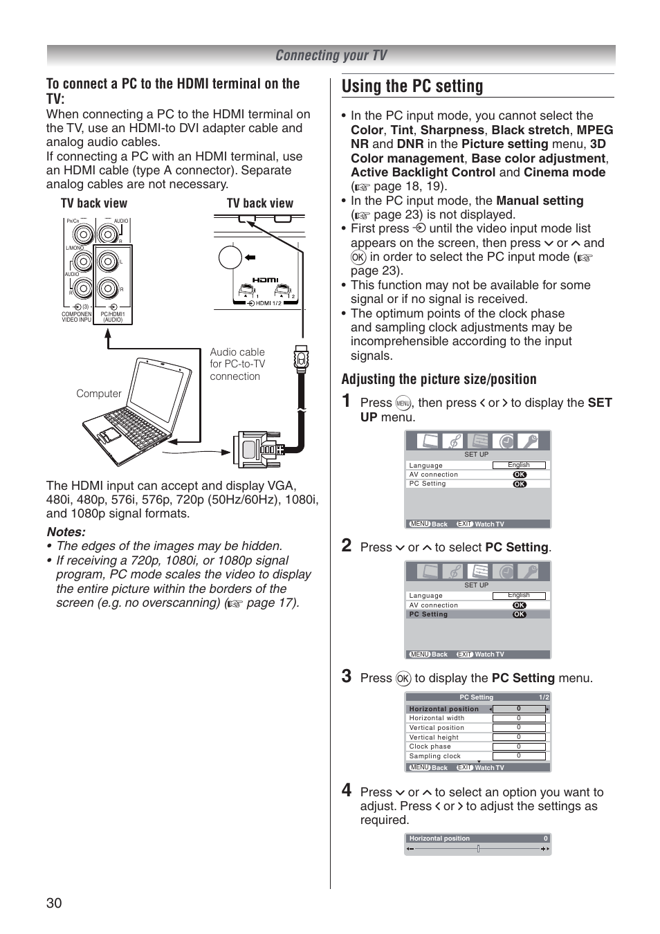 Using the pc setting, Adjusting the picture size/position, Press u or u to select pc setting | Press q to display the pc setting menu | Toshiba 32A3500T User Manual | Page 30 / 36
