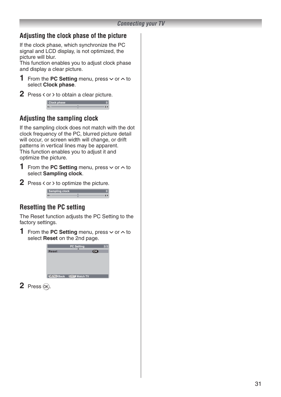 Adjusting the clock phase of the picture, Adjusting the sampling clock, Resetting the pc setting | Toshiba 32A3500T User Manual | Page 31 / 36