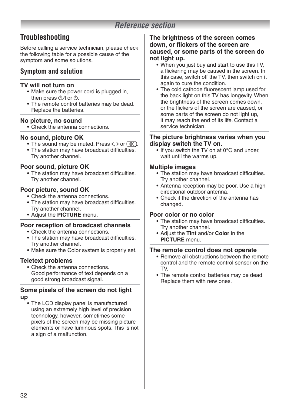 Troubleshooting | Toshiba 32A3500T User Manual | Page 32 / 36